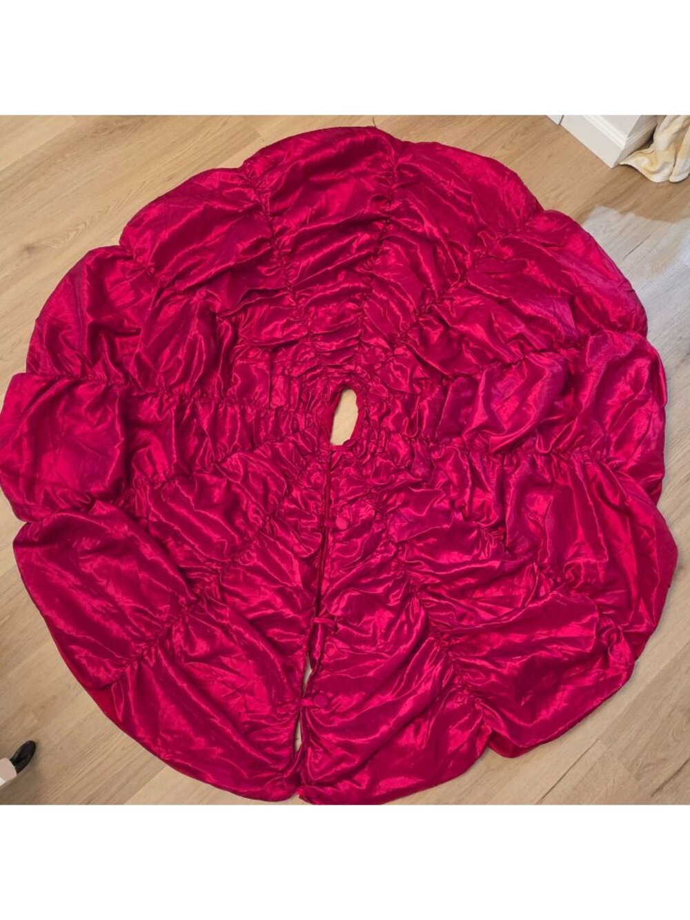 Red Satin Ruched Round Christmas Tree Skirt With Button Closures 48"